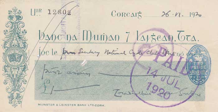 1920 (26 November). Terence MacSwiney signed cheque at Whyte's Auctions