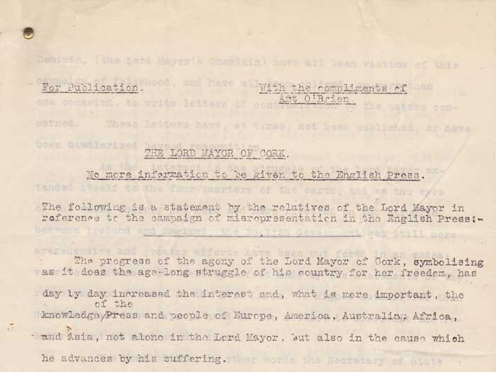 1920. Terence MacSwiney Hunger Strike. "No more information to be given to the English Press" at Whyte's Auctions