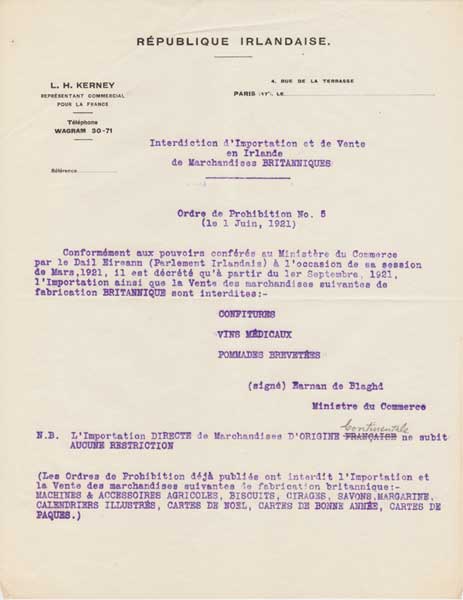 1920 (1 June) "Republique Irlandaise" Ordre de Prohibition No. 5 (Prohibition of certain British goods in Ireland) at Whyte's Auctions