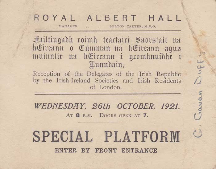1921 (26 October) George Gavan Duffy's "Special Platform" tickets for Royal Albert Hall reception for the Irish Republic Delegation at Whyte's Auctions