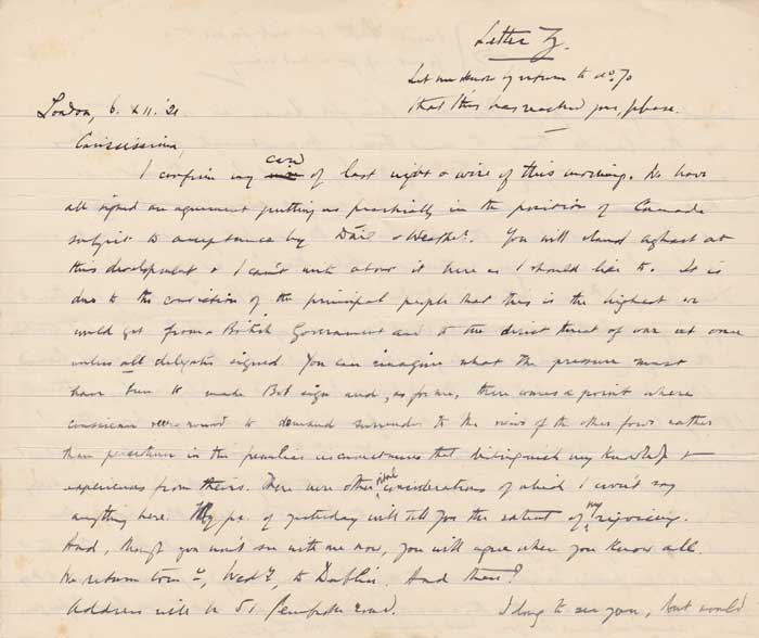 1921 (6 December) Letter from George Gavan Duffy to his wife concerning the Treaty he had just signed. A rare document from one of the principals in this historic event. at Whyte's Auctions