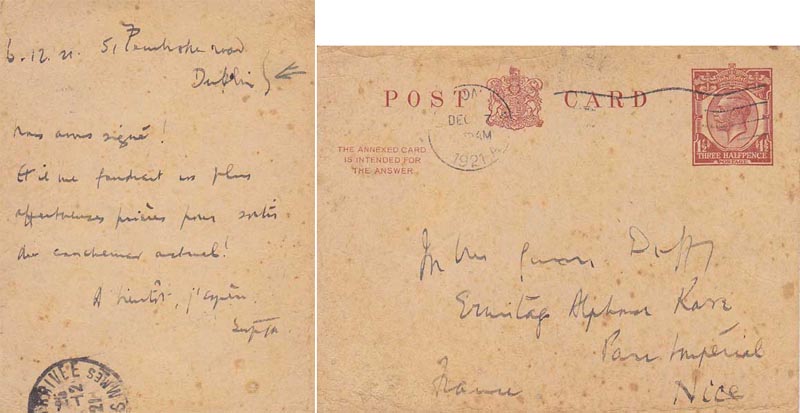 1921 (6 December). George Gavan Duffy to his sister in Nice, postcard "Nous avons signi" (we have signed [The Treaty] at Whyte's Auctions