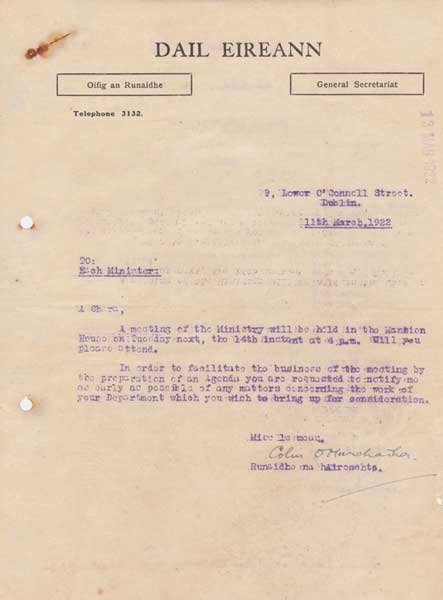 1922 Provisional Government Cabinet Papers, including Collins and Griffith negotiations with Lloyd George, notices and agenda of meetings. at Whyte's Auctions