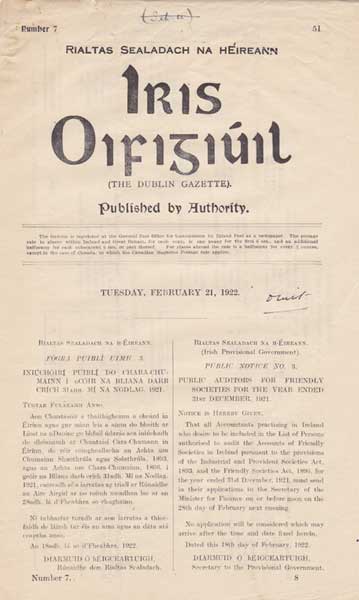 1922 (March-November) Iris Oifigiuil, The Dublin Gazette, "Published by Authority" (of The Provisional Government) at Whyte's Auctions
