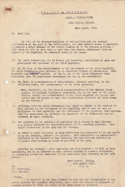 1922 (March-October) Provisional Government printed papers for cabinet, an appeal from Margaret Pearse, Kathleen Clarke, Mary MacSwiney and others, a 25 April statement from Oglaigh na hireann at Whyte's Auctions