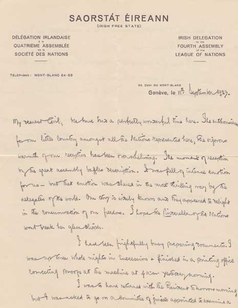 1923 (7 & 11 September) Irish Delegation to The League of Nations - letters from Hugh Kennedy, Attorney General  Ireland takes her place among the Nations of the World" at Whyte's Auctions