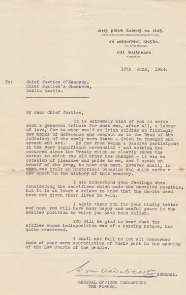 1924 (13 June) General Eoin ODuffy, letter to the Chief Justice Hugh Kennedy" at Whyte's Auctions
