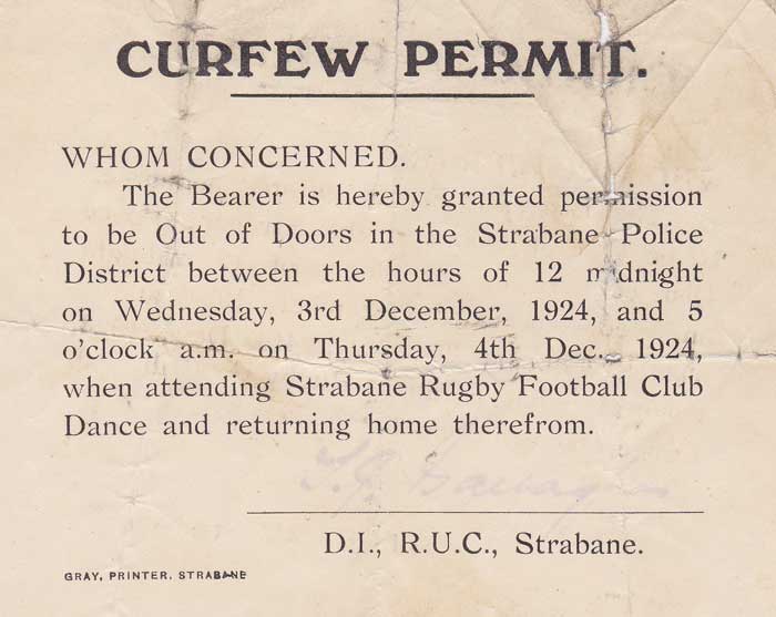 1924. Curfew Permit, Strabane, to attend Strabane Rugby Club Dance" at Whyte's Auctions
