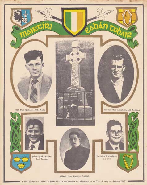 1957. (11 November) IRA Campaign - Mairtir adan Tobair, Commemorative card for IRA Volunteers killed while making a bomb on 11 November" at Whyte's Auctions