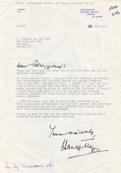 1971 (22 June) Lieutenant General Harry Tuzo, Officer Commanding Land Forces Northern Ireland Important Letter to Commissioner Peter Brodie, New Scotland Yard" at Whyte's Auctions