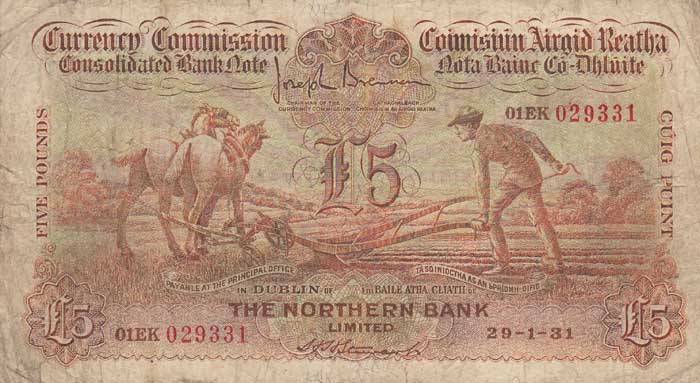 1931. A Rare Currency Commission Ploughman Five Pounds issued by The Northern Bank at Whyte's Auctions