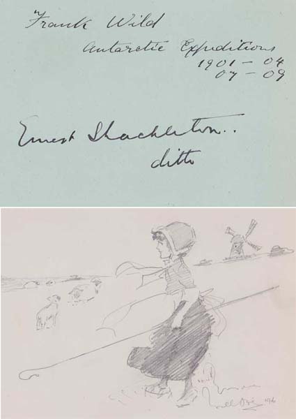 1910-20. Album with collection of inscriptions, autographs and drawings, including signatures of Ernest Shackelton, Frank Wild, Arnold Dolmetsch, Musician, Herbert Evans, Writer, etc." at Whyte's Auctions