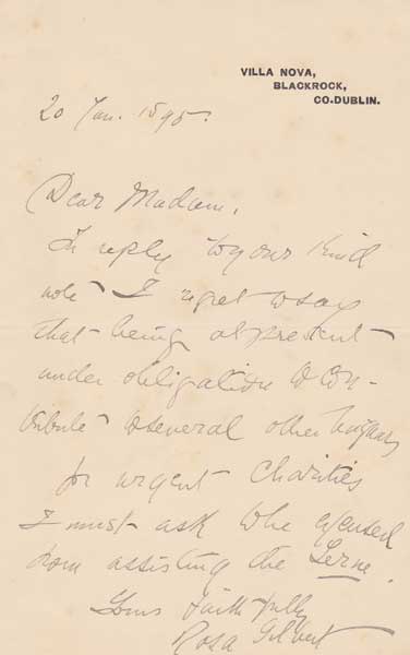 1895 (20 January) Rosa Mulholland (Lady Gilbert) (d.1921) letter at Whyte's Auctions