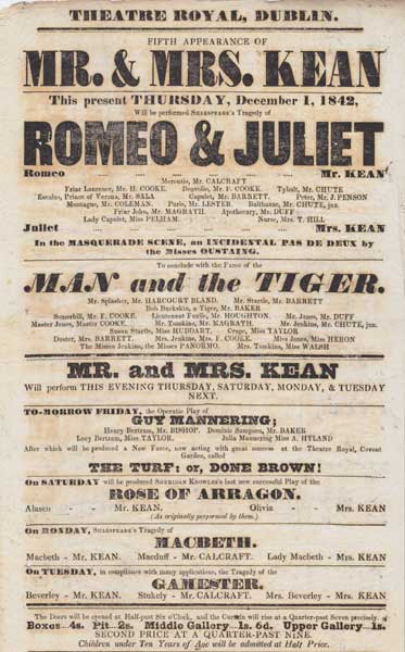 1842 (28 November - 3 December) Theatre Royal, Dublin. Collection of Playbills including performances by Mr and Mrs Keane" at Whyte's Auctions