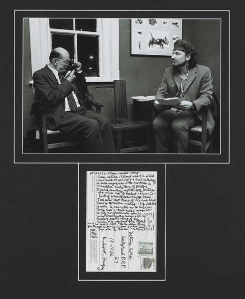 1993 Allen Ginsberg postcard to Istrau Eorsie, Budapest, describing his visit to Dublin, with a photograph of the poet photographing Bono." at Whyte's Auctions