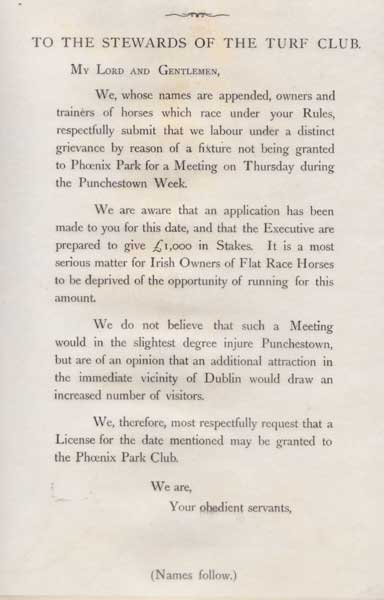 Late 19th Century petition to the Stewards of The Turf Club by Irish owners and trainers at Whyte's Auctions