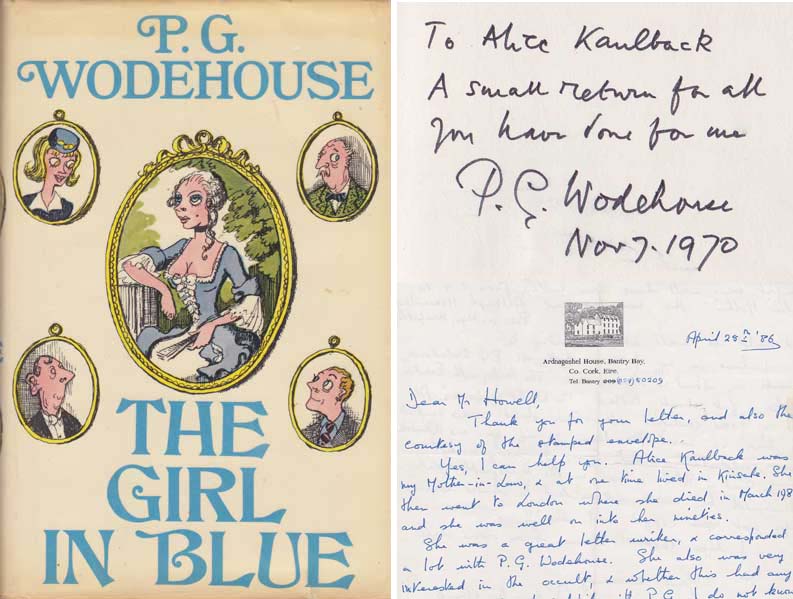 "THE GIRL IN BLUE signed and inscribed by author to Alice Kaulback, 7 November 1970 on paper tipped in, original blue cloth with dust jacket 20 by 14cm., 8 by 5.5in." at Whyte's Auctions