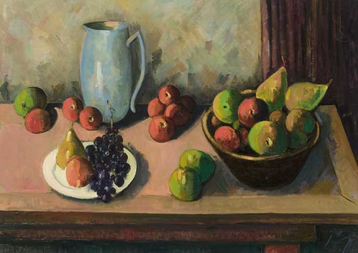 STILL LIFE WITH BLUE VASE AND FRUIT by Peter Collis RHA (1929-2012) at Whyte's Auctions
