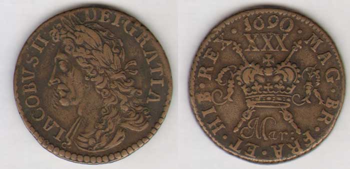James II. Gunmoney. Large Halfcrowns.(3). 1689 Sepr:, Nov., 1690 Mar: at Whyte's Auctions