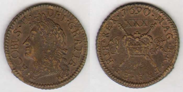 James II. Gunmoney. Small Halfcrown. (3). 1690 May, May., Jul. at Whyte's Auctions