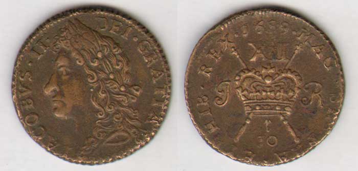 James II. Gunmoney. Shilling (3). 1689 Augt:, 10r, Oct: at Whyte's Auctions