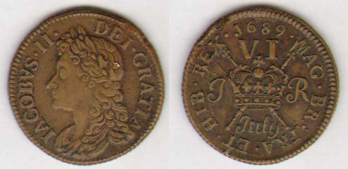James II. Gunmoney. Sixpence (3). 1689 July, Nov, Feb at Whyte's Auctions