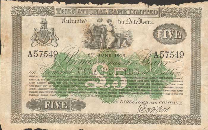 The National Bank. Dublin Five Pounds. 5-June-1919 at Whyte's Auctions
