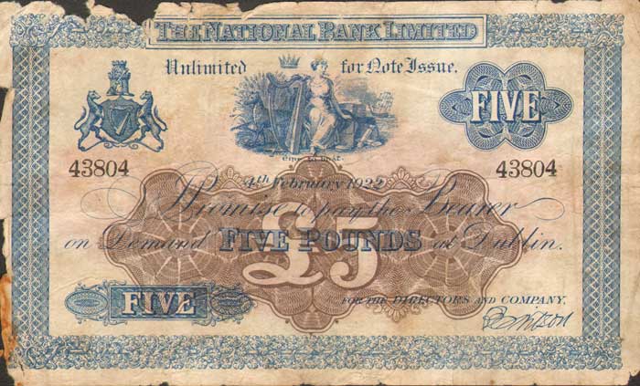 The National Bank. Dublin Five Pounds. 4-Feb-1922 at Whyte's Auctions