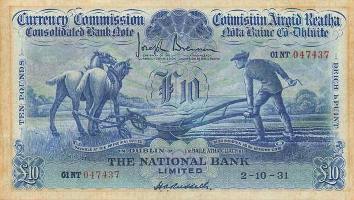 Currency Commission. Consolidated Bank Note, Ploughman, National Bank Ten Pounds 2-10-31 at Whyte's Auctions
