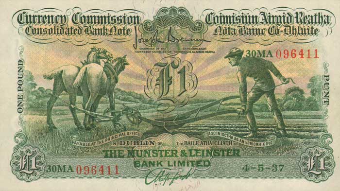Currency Commission. Consolidated Bank Note, Ploughman, Munster & Leinster Bank One Pound. 4-5-37 at Whyte's Auctions