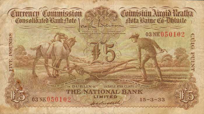 Currency Commission. Consolidated Bank Note, Ploughman, National Bank Five Pounds. 15-3-33 at Whyte's Auctions