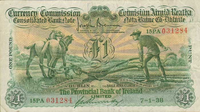 Currency Commission. Consolidated Bank Note, Ploughman, Provincial Bank of Ireland. One Pound. 7-1-38 at Whyte's Auctions