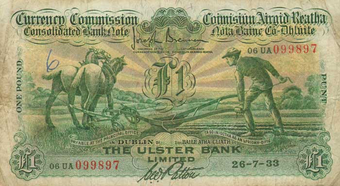 Currency Commission. Consolidated Bank Note, Ploughman, Ulster Bank One Pound. 26-7-33 at Whyte's Auctions