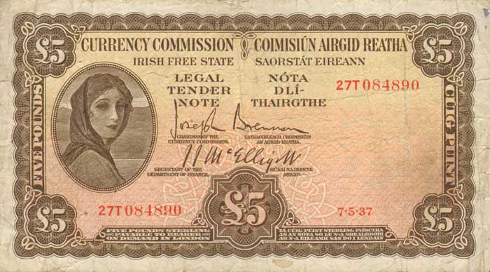 Currency Commission. Lady Lavery. Five Pounds & Ten Shillings, 7-5-37 and 9-4-41 at Whyte's Auctions