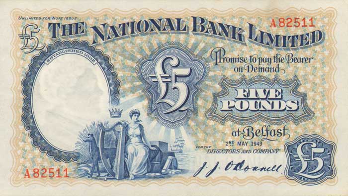 Northern Ireland. The National Bank. Belfast Five Pounds.. 2-May-1949 at Whyte's Auctions
