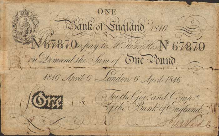 Great Britain. Bank of England. London One Pound. 6-April-1816 at Whyte's Auctions