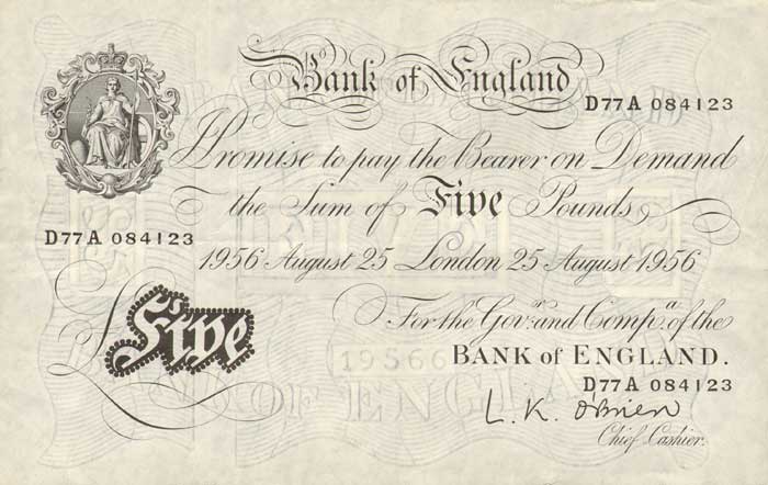 Great Britain. Bank of England. London Five Pounds. 25-August-1956 at Whyte's Auctions
