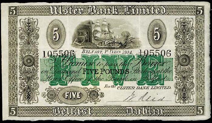 LATE ENTRY: Ulster Bank Five Pounds, 1 December 1924 at Whyte's Auctions
