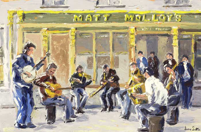 MUSICIANS OUTSIDE MATT MOLLOY'S PUB, WESTPORT, COUNTY MAYO by Ivan Sutton (b.1944) at Whyte's Auctions