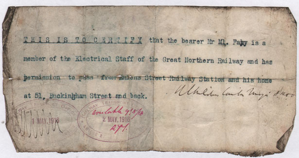 1916 (27 April) Rising Military Passes to Great Northern Railway staff member at Whyte's Auctions