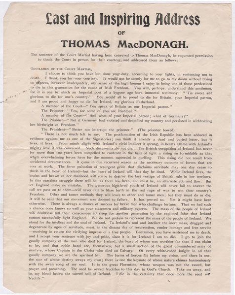 1916 (3 May) The last address of Thomas MacDonagh handbill at Whyte's Auctions