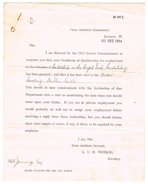 1916 Rising: Travel permit and letter requesting bearer's movements in Dublin at Whyte's Auctions