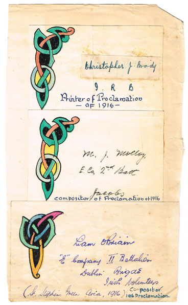 1916 Rising: Signatures of the printer and compositors of the 1916 Proclamation at Whyte's Auctions