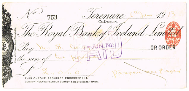 Padraig Pearse handwritten and signed cheque. at Whyte's Auctions