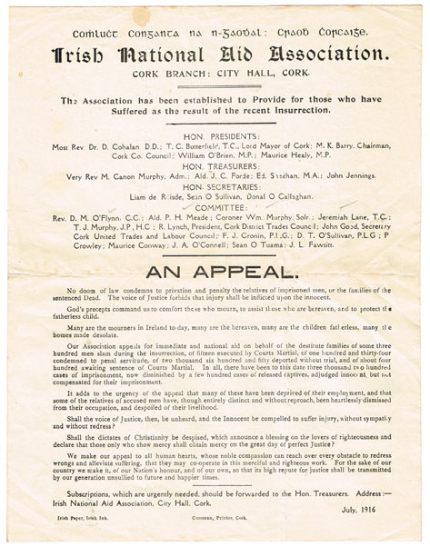 1916: Irish National Aid Association, Cork branch appeal broadside at Whyte's Auctions