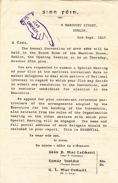 1917-20: Sinn Fein annual convention and election manifesto documents at Whyte's Auctions