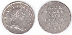 Bank of Ireland five pence silver token 1805 at Whyte's Auctions