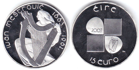 Central Bank presentation sets: 2007 Ivan Mestrovic silver coin set and fifteen euro coin at Whyte's Auctions