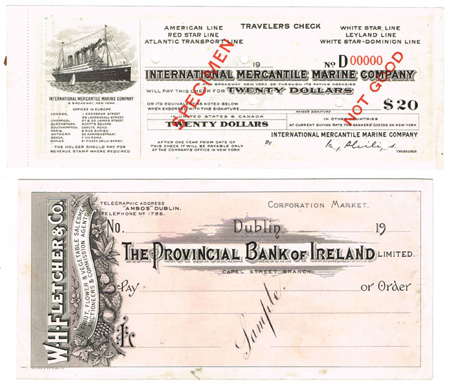 International cheque and traveller's cheque specimen collection including White Star Line and Bank of Ireland at Whyte's Auctions