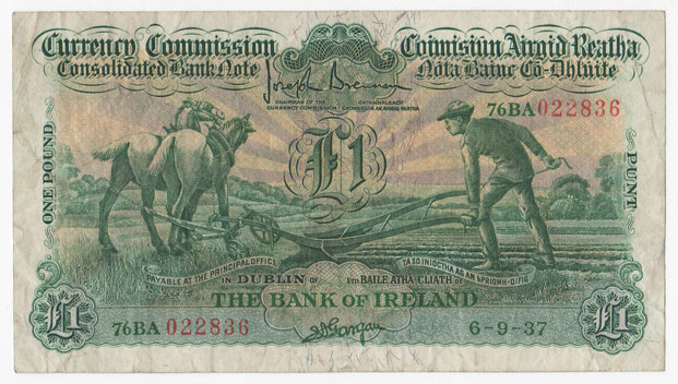 Consolidated Banknote, "Ploughman". Bank of Ireland. One Pound. 6-9-37 at Whyte's Auctions